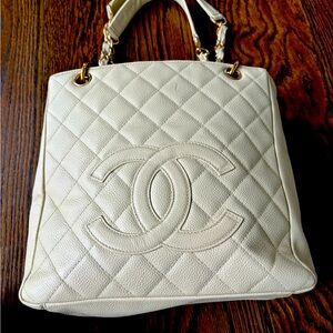 Chanel quilted shopping tote. Small cream colored. Vintage